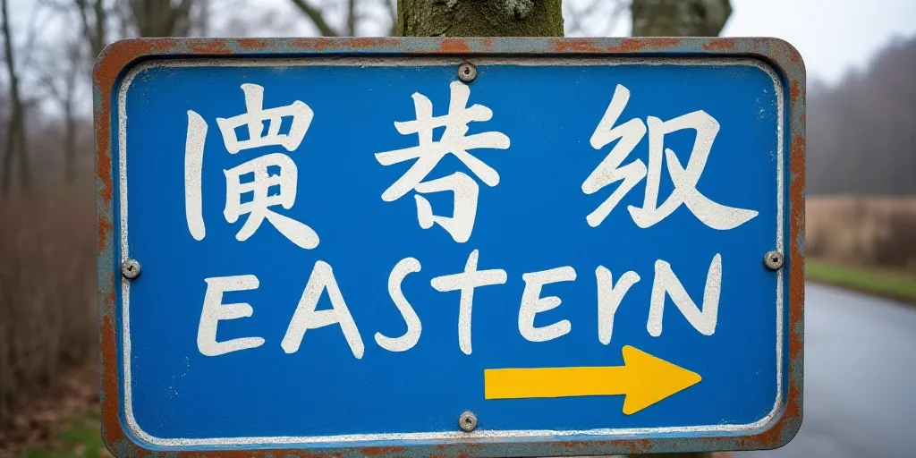 a blue sign with white writing on it that says china eastern and a yellow arrow pointing to the righ