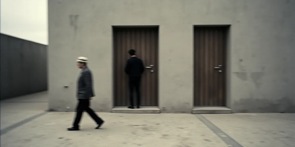 a blurry photo of a building with a person walking in front of it and a person walking out of the do