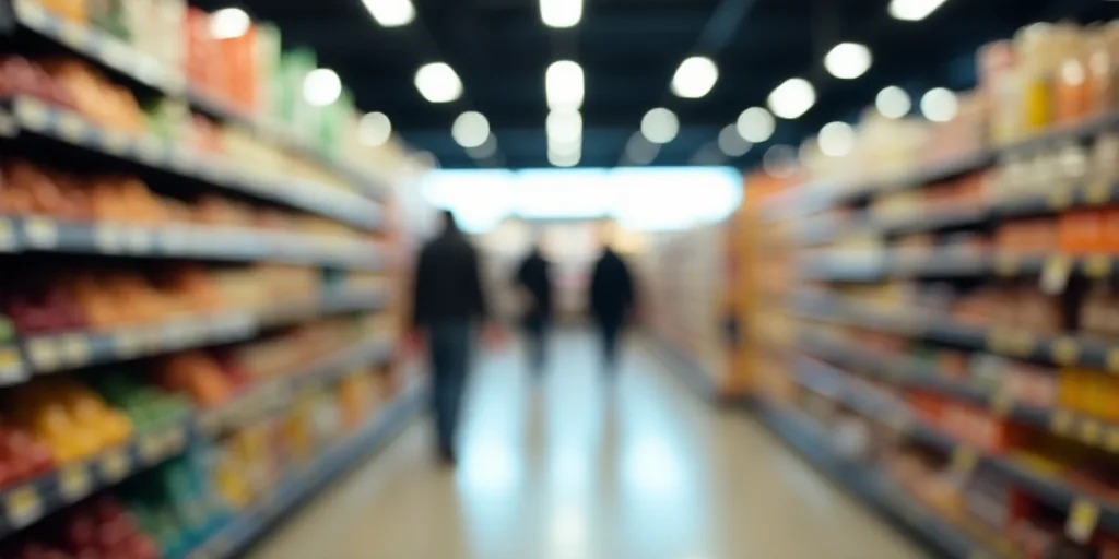 a blurry photo of a grocery store aisle with people walking by it and a row of shelves with food, An