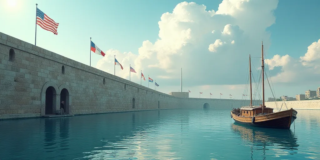 a boat is in the water near a wall and a wall with flags on it and a flagpole, Aquirax Uno, vfx, a d