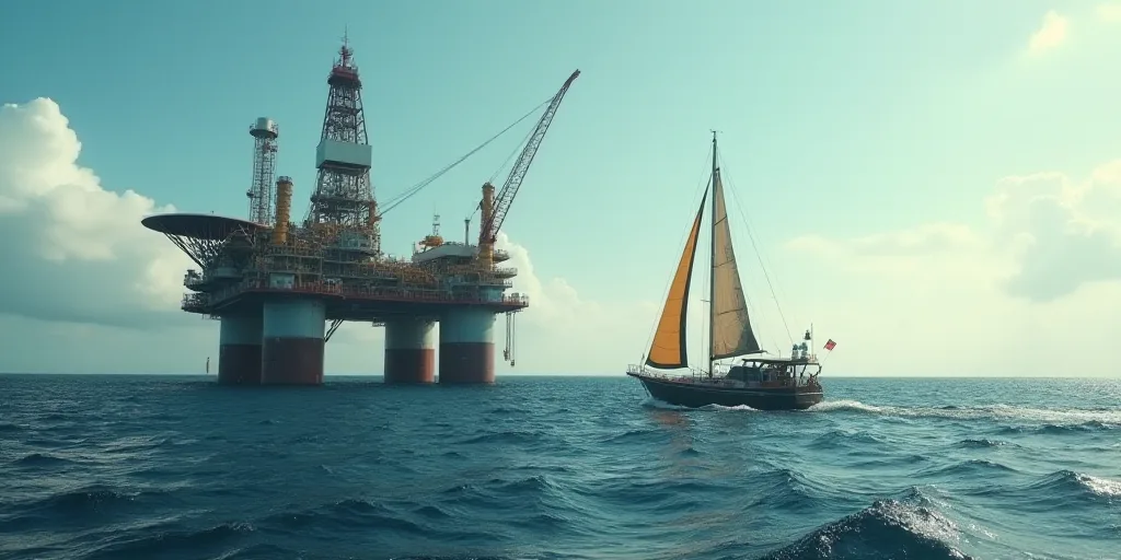 a boat sailing in the ocean near a large oil rig and a boat with a sailboat in front of it, Evelyn A