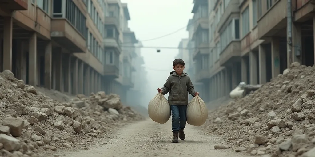 a boy carrying a large bag through a rubble covered street in a city with buildings in the backgroun