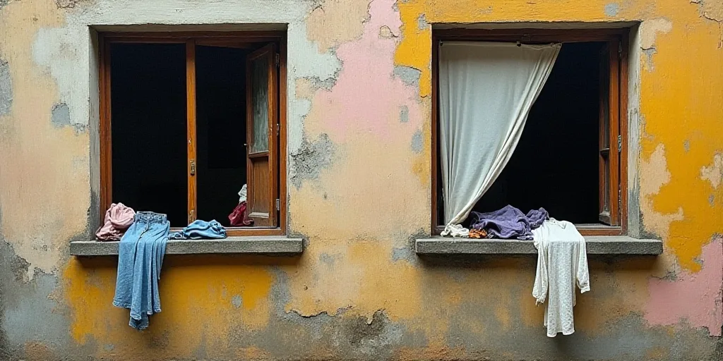 a broken window with clothes hanging out of it and a broken curtain hanging out of the window of a b