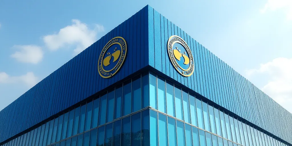 a building with a blue glass front and a logo on the side of it that says international monetary gro