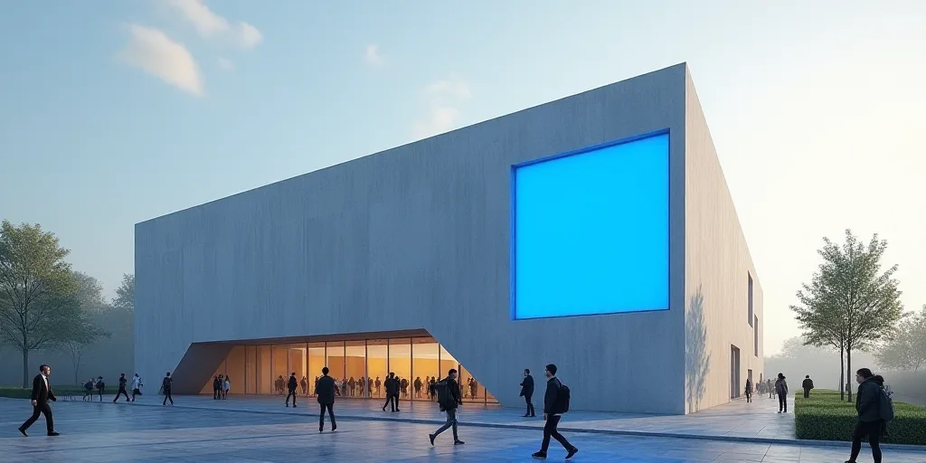 a building with a blue sign on it's side and people walking around it in front of it, Caspar Netsche