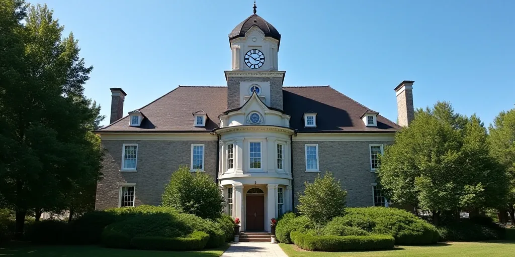 a building with a clock on top of it surrounded by trees and bushes in front of a blue sky, Brenda C