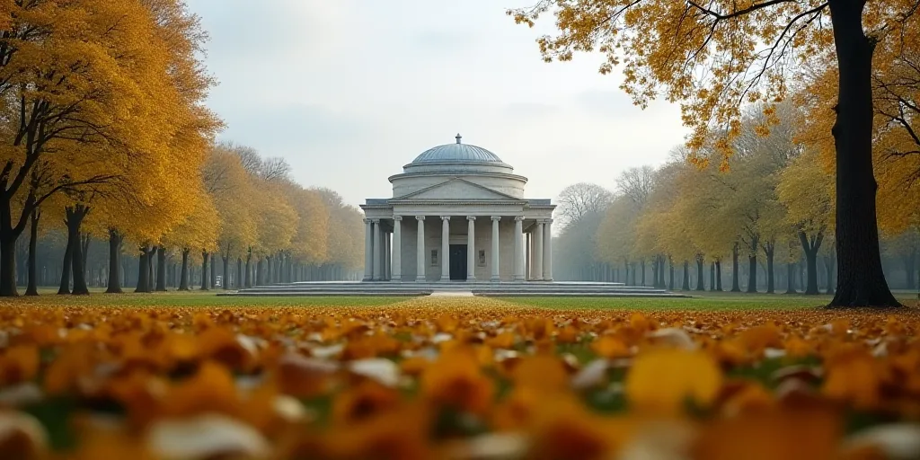 a building with a dome and columns in the middle of a field with leaves on the ground and trees in t