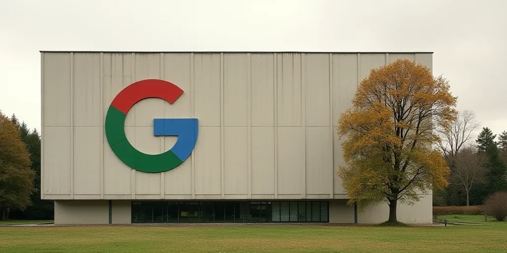 a building with a large google logo on it's side and trees in front of it and a tree in front of it,