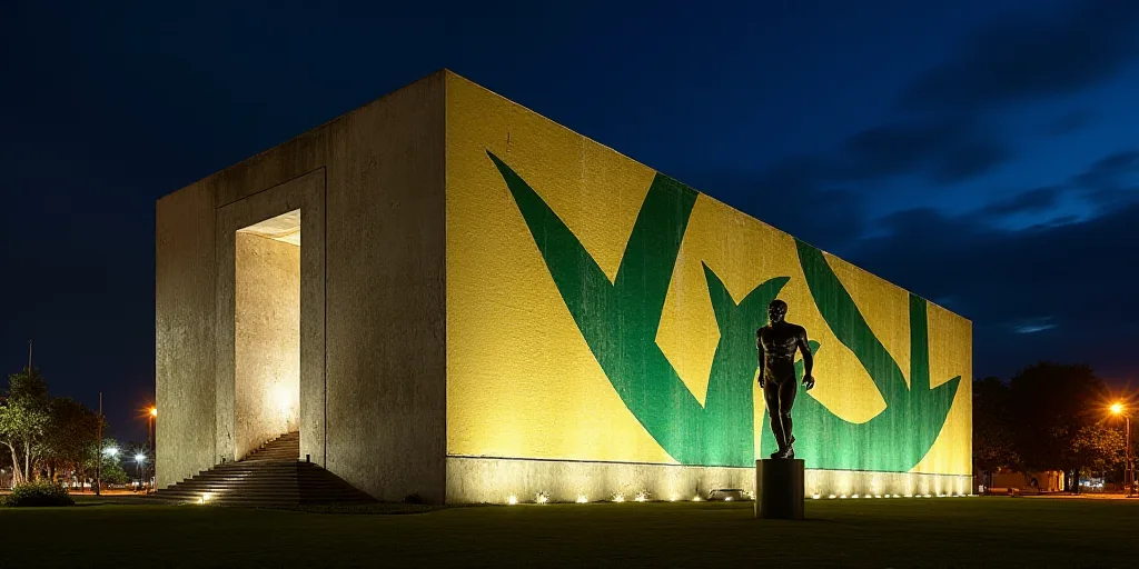 a building with a large green and gold design on it's side at night time with a dark sky in the back