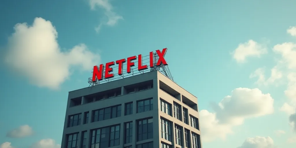a building with a netflix logo on top of it's roof and a sky background with clouds in the backgroun
