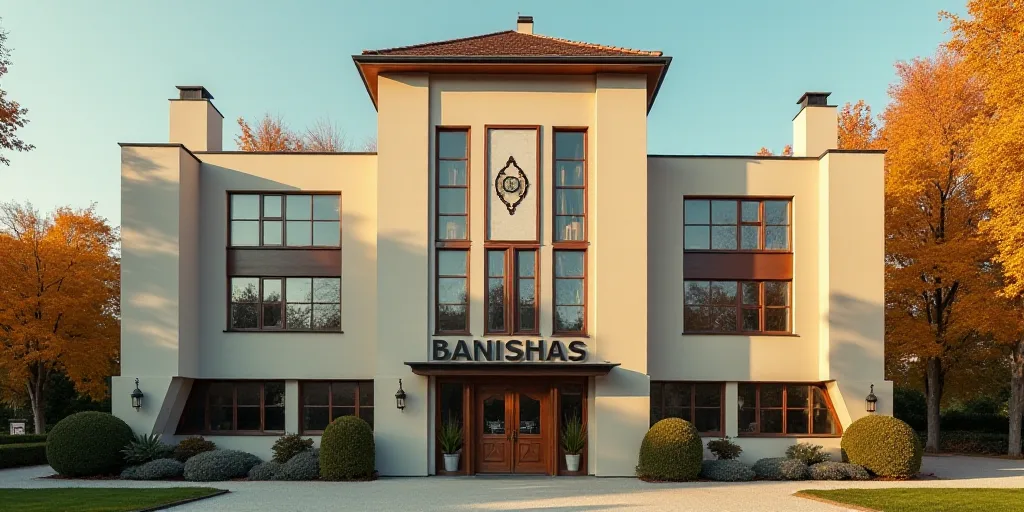 a building with a sign that says banishas on it's side and a clock on the side of the building, Anna