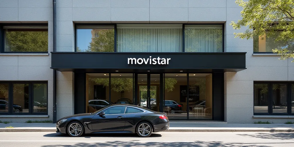 a building with a sign that says movistar on the front of it and a car parked in front of it, Eva Go