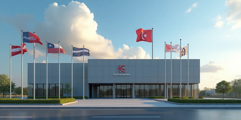a building with flags flying in front of it and a sky background with clouds in the background and a