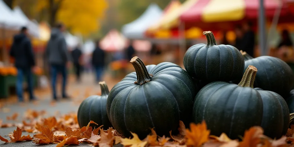 a bunch of black pumpkins are in a market place with people walking by them and a tent in the backgr