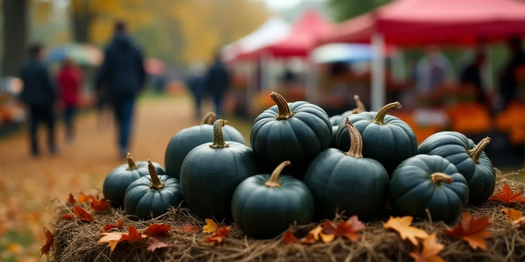 a bunch of black pumpkins are in a market place with people walking by them and a tent in the backgr
