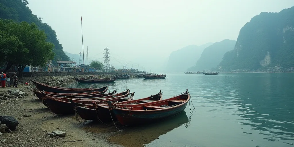 a bunch of boats that are sitting on the ground near the water and a dock with a few boats, Cui Bai,