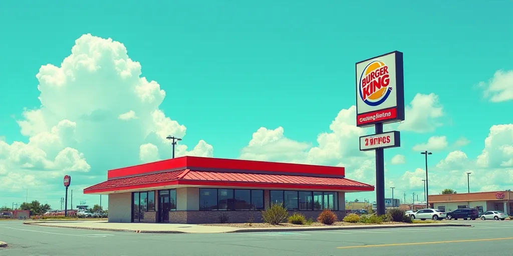 a burger king restaurant with a tall tower in the background of a blue sky with a few clouds in the