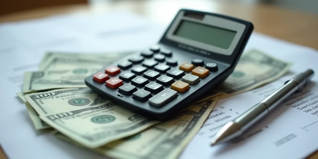 a calculator sitting on top of a pile of money next to a calculator on top of a sheet of paper, Andr