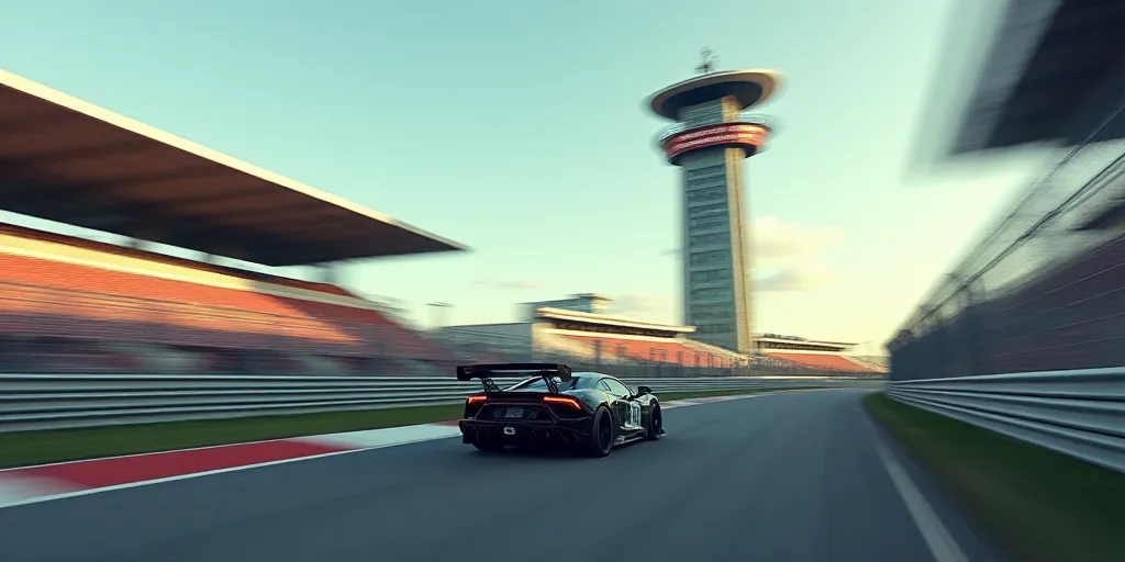 a car driving down a race track near a tall building with a sign on it that says motor speed, Bernd