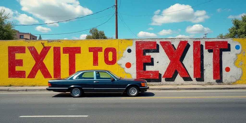 a car driving down a road next to a wall with a sign on it that says exit exit to spain, Carlos Tril