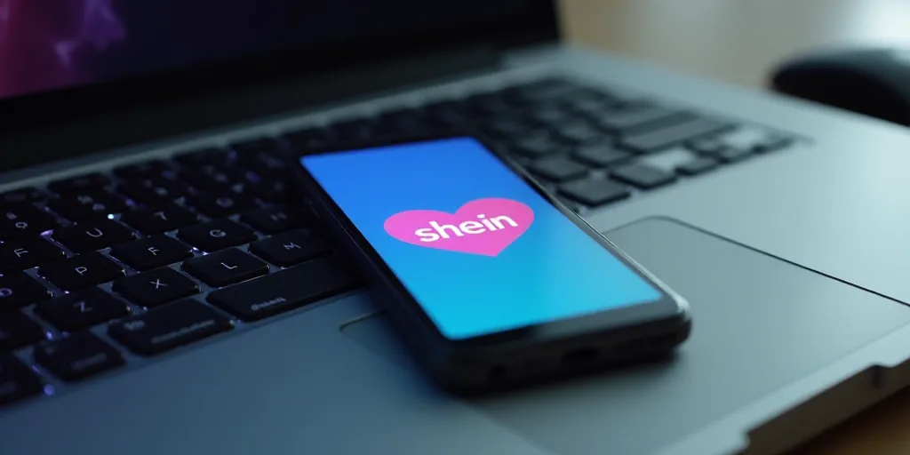 a cell phone is sitting on a laptop keyboard with a shein logo on it and a keyboard on the other sid