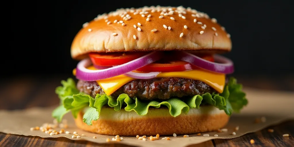 a cheeseburger with onions, peppers, and onions on a bun with sesame seeds on the side, Bouchta El H