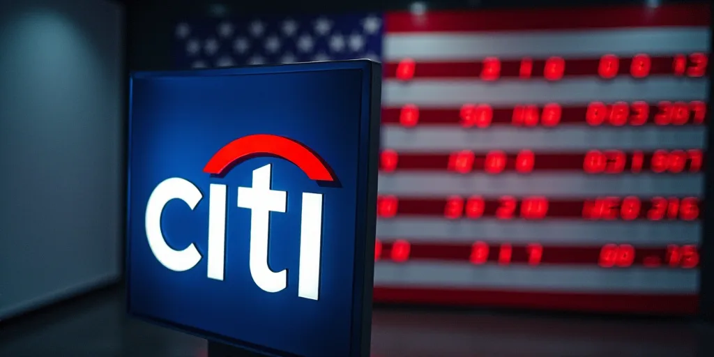 a citi sign is shown in front of an american flag and a wall with a stock ticker, Cliff Childs, oil,