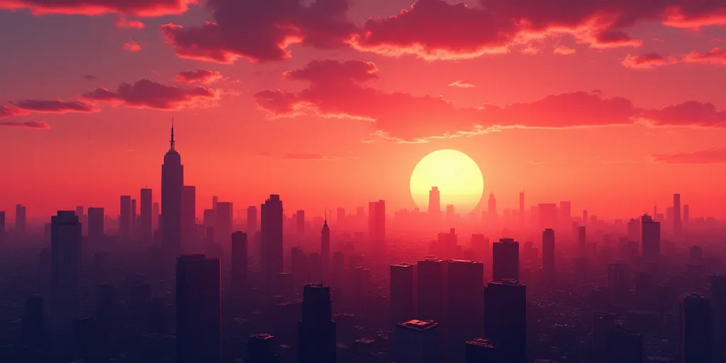 a city skyline with a sunset in the background and a red sky in the foreground with a few clouds, Ed