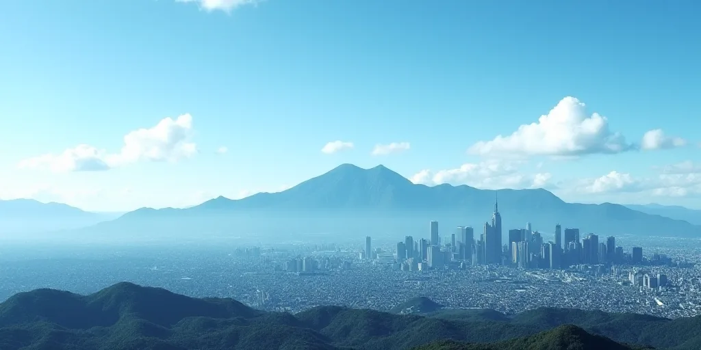 a city skyline with mountains in the background and a blue sky in the foreground with a few clouds,