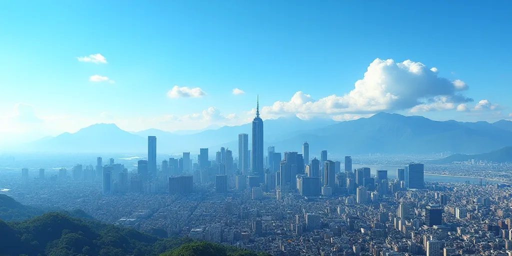 a city skyline with mountains in the background and a blue sky in the foreground with a few clouds,