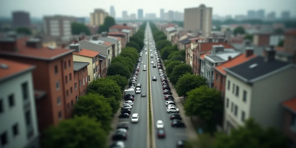 a city street with lots of cars parked on the side of it and a lot of buildings on the other side, B