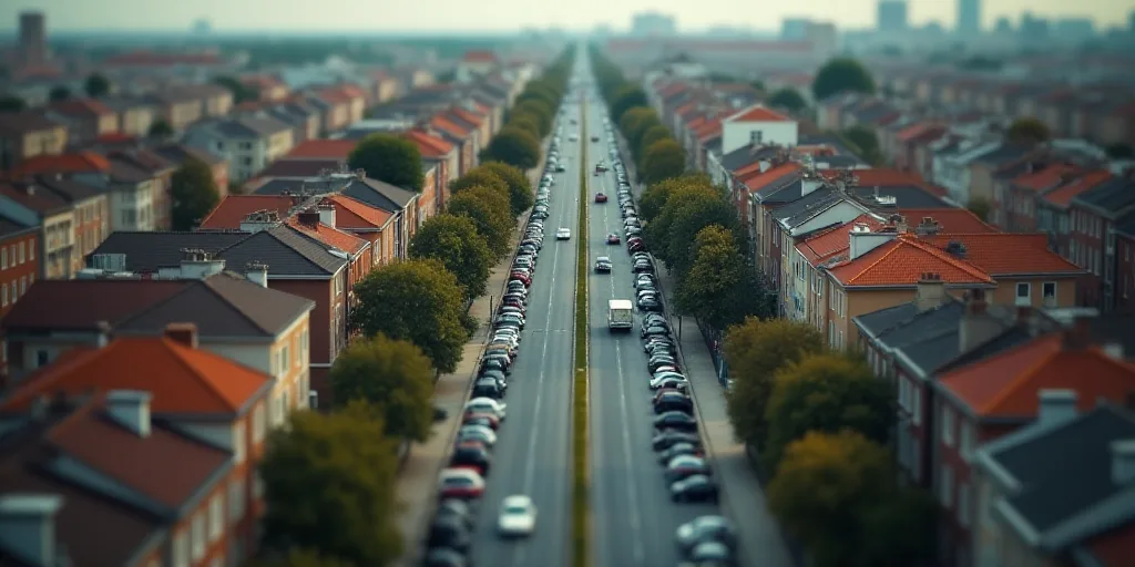 a city street with lots of cars parked on the side of it and a lot of buildings on the other side, B