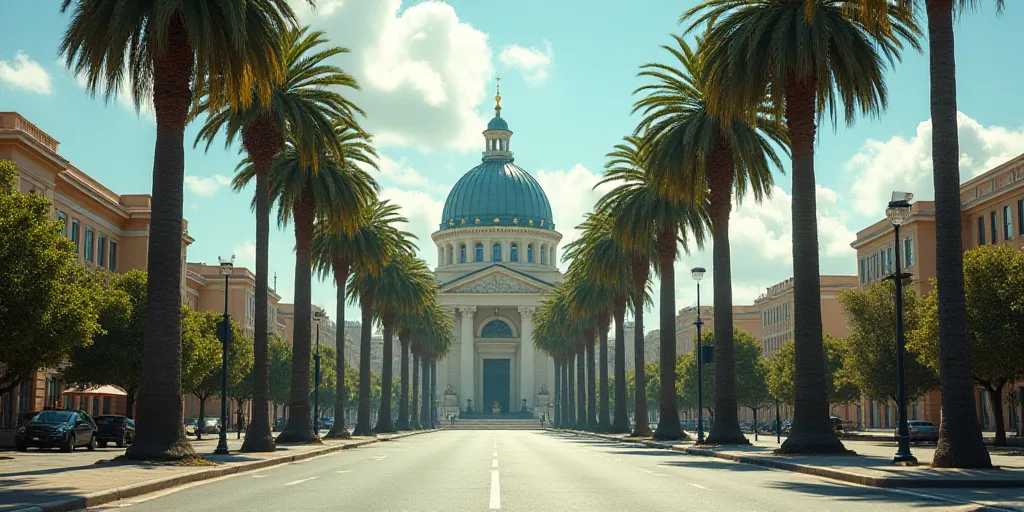 a city street with palm trees and a building in the background with a glass dome on top of it, Engue