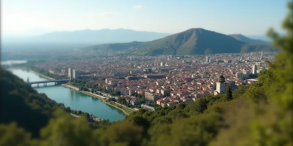 a city with a hill in the background and a bridge in the foreground with a bridge going across it, A