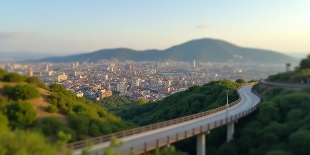 a city with a hill in the background and a bridge in the foreground with a bridge going across it, A