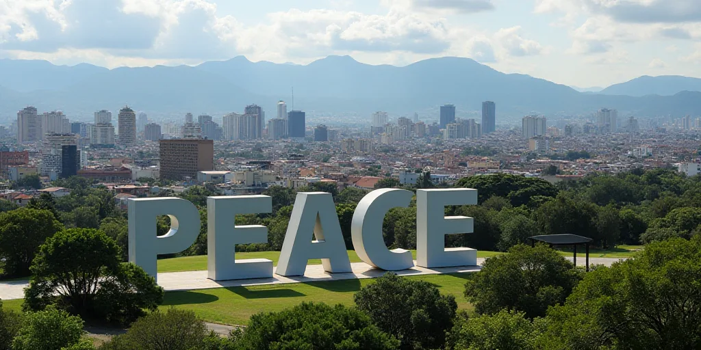 a city with a large sign that says peace in the middle of it's letters and a city in the background,