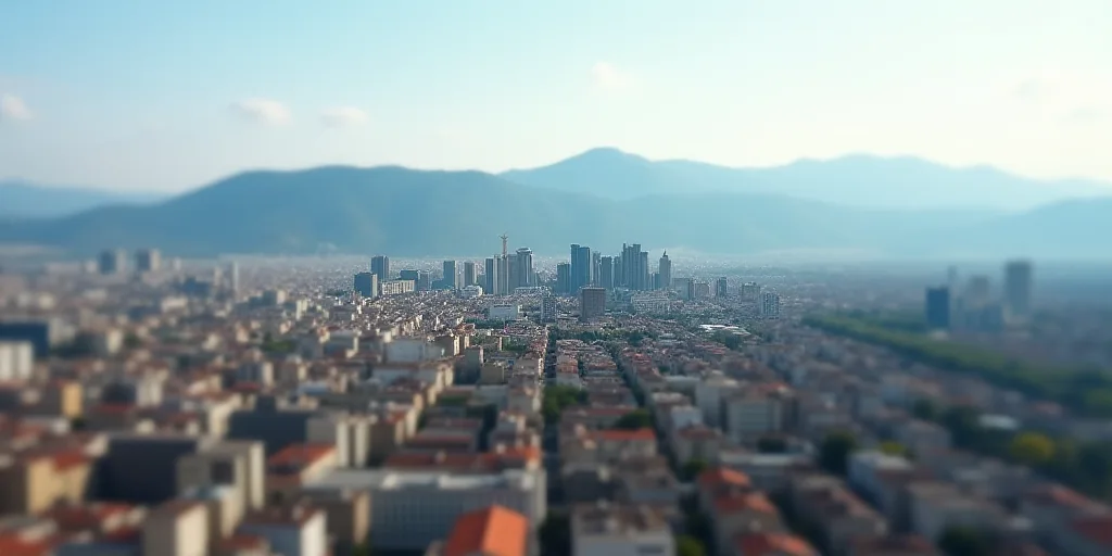 a city with a lot of buildings and mountains in the background, and a few buildings in the foregroun
