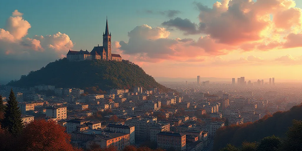 a city with a very tall church tower next to a hill with a lot of buildings on it and a colorful sky