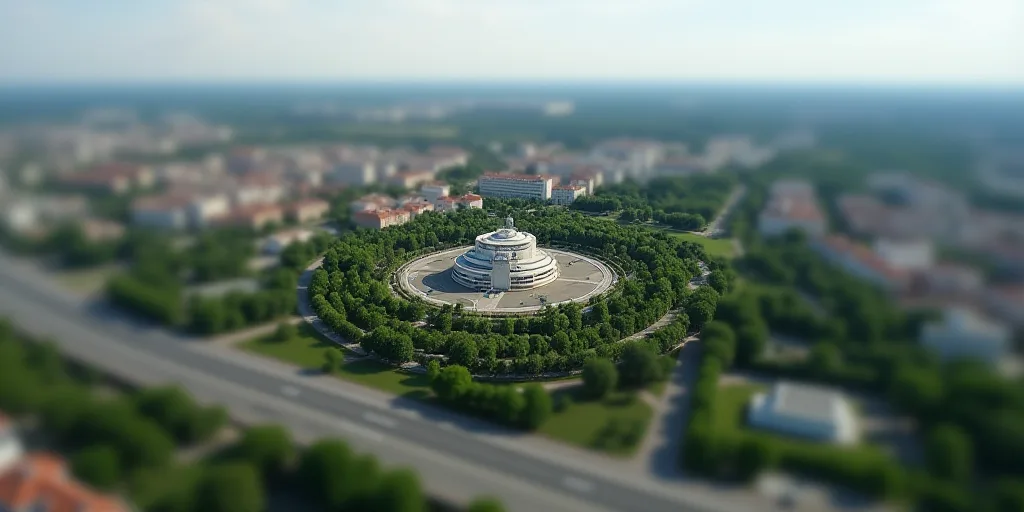 a city with lots of buildings and trees in the foreground and a highway running through it, with a l