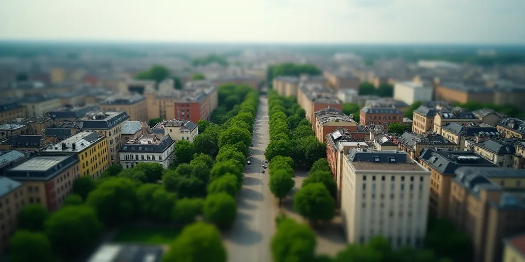 a city with lots of buildings and lots of trees in the middle of it, from above, looking down on a c