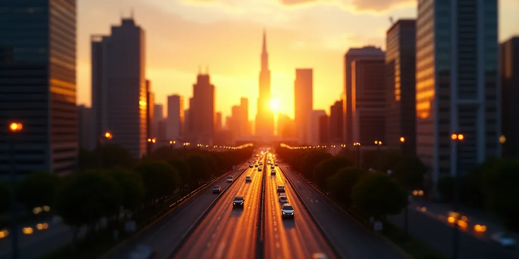 a city with tall buildings and a street in front of it at sunset or sunset time with a few cars driv