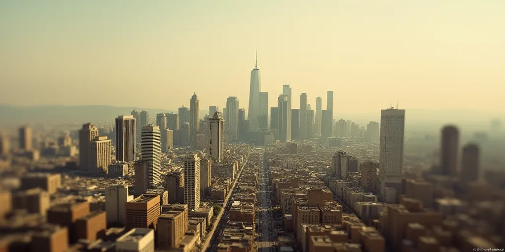 a city with tall buildings and a sky scraper in the background with a hazy sky in the foreground, Da
