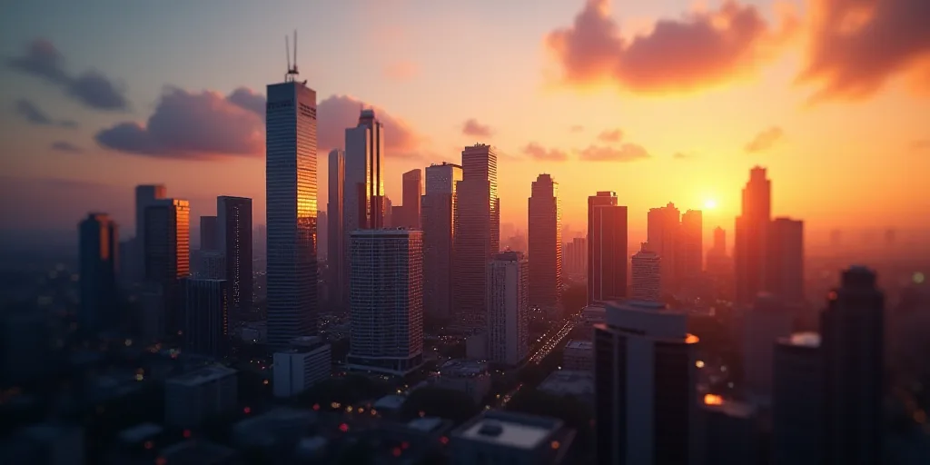 a city with tall buildings and a sky line in the background at sunset or sunrise with a few clouds,