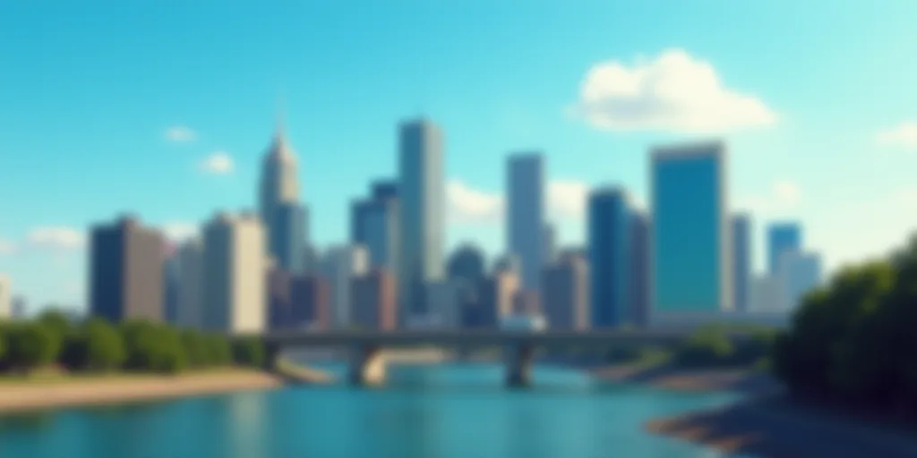 a city with tall buildings and a bridge in the foreground and a blue sky in the background with a fe