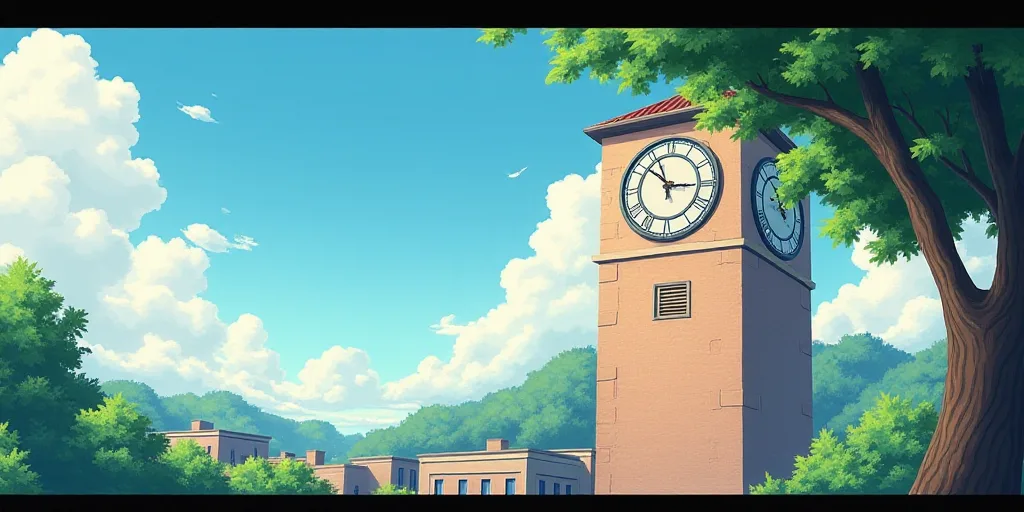 a clock on a building with a sky background and a tree in the foreground with a few buildings in the
