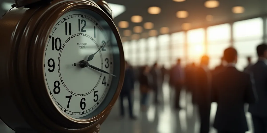 a clock with a group of people in the background with a blurry image of a clock face in the foregrou