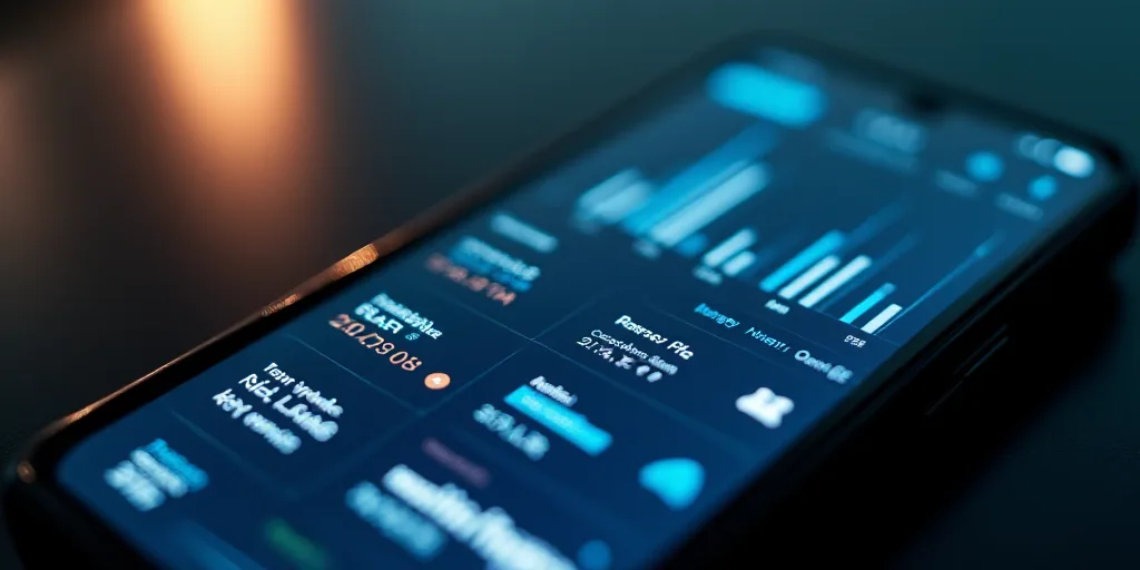 a close up of a cell phone screen with a lot of information on it's screen and a blurry background,