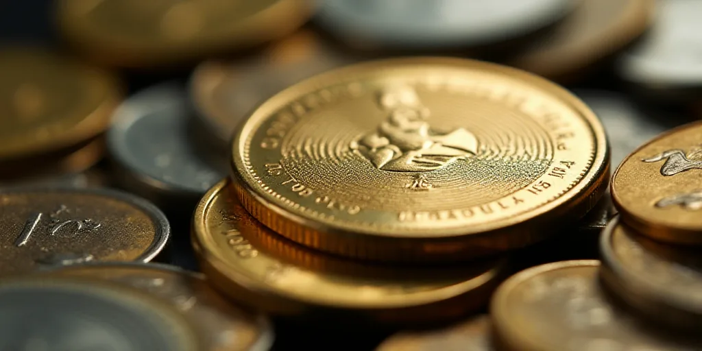 a close up of a coin with a lot of coins in the background and a blurry image of the coin, Aquirax U