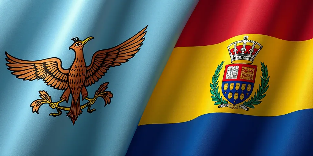 a close up of a flag with a bird on it's back end and a flag with a coat of arms on it, Aquirax Uno,