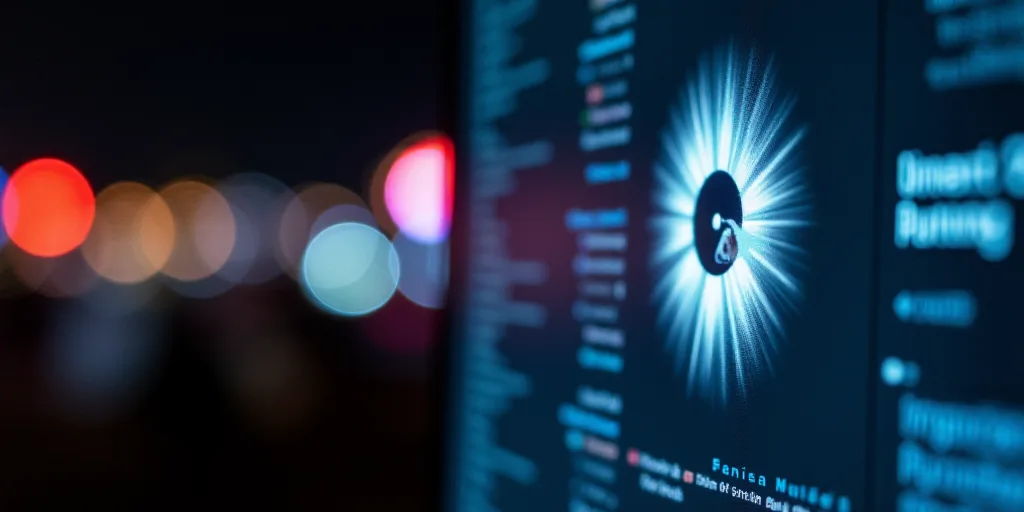 a close up of a logo on a computer screen with blurry lights in the background and a blurry image of